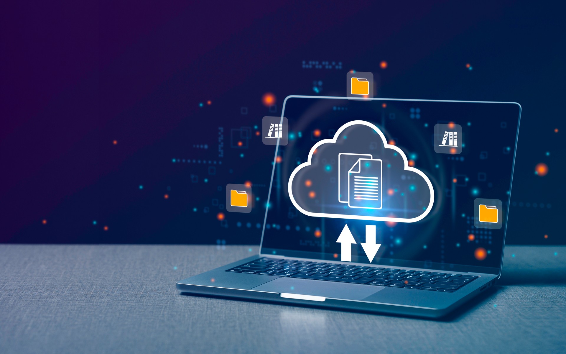 Computer laptop and dashboard for Data document Management System on cloud online documentation database and digital file storage system or software, records keeping, database technology, file access