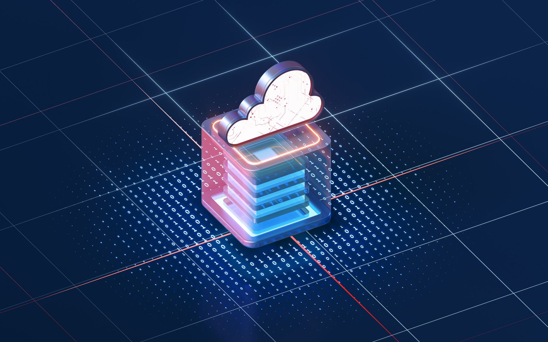 Cloud computing and cube with dark background, 3d rendering.