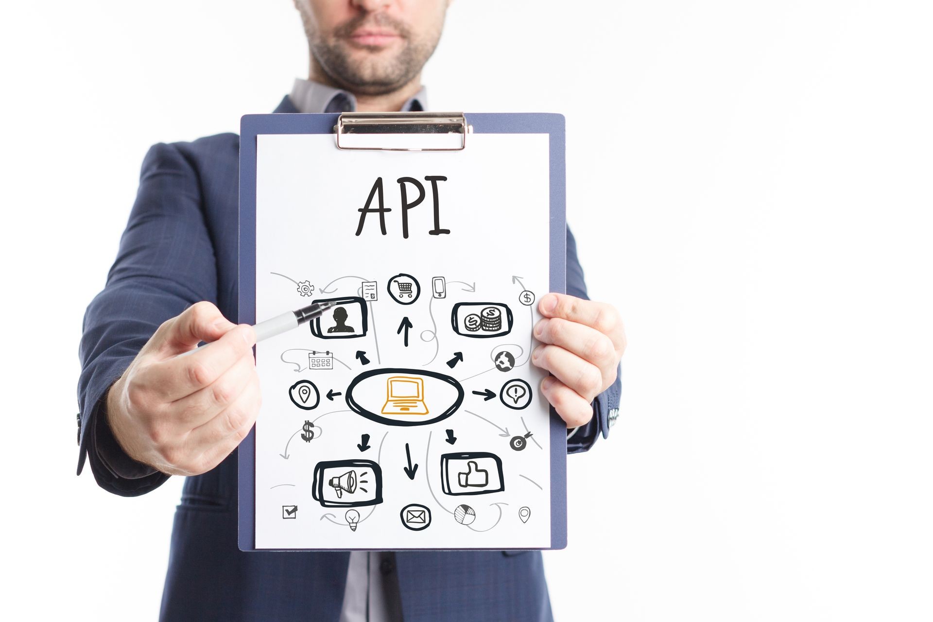 The concept of business, technology, the Internet and the network. A young businessman shows a successful scheme of work: API