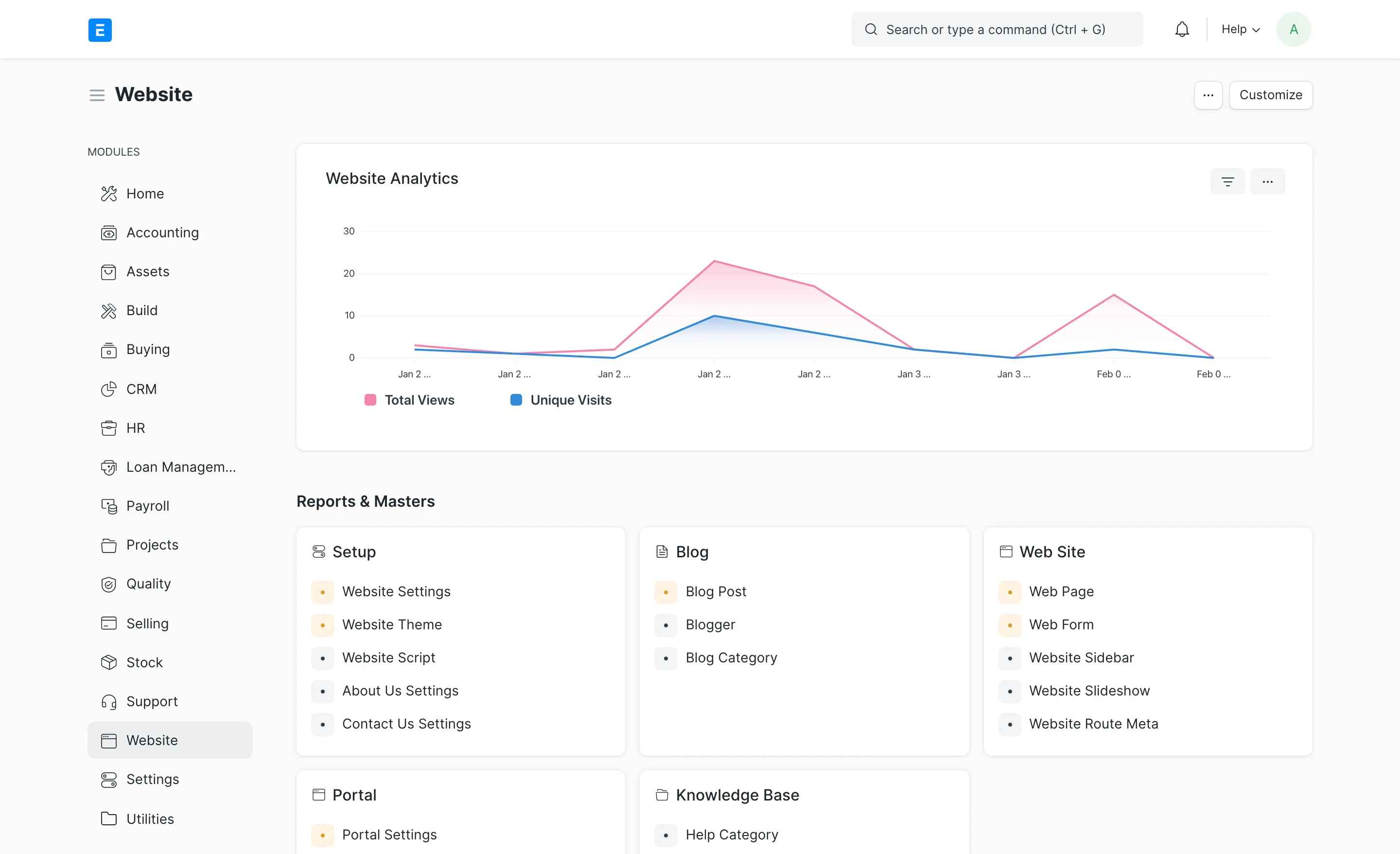 ERPNext workspace with modules and shortcuts
