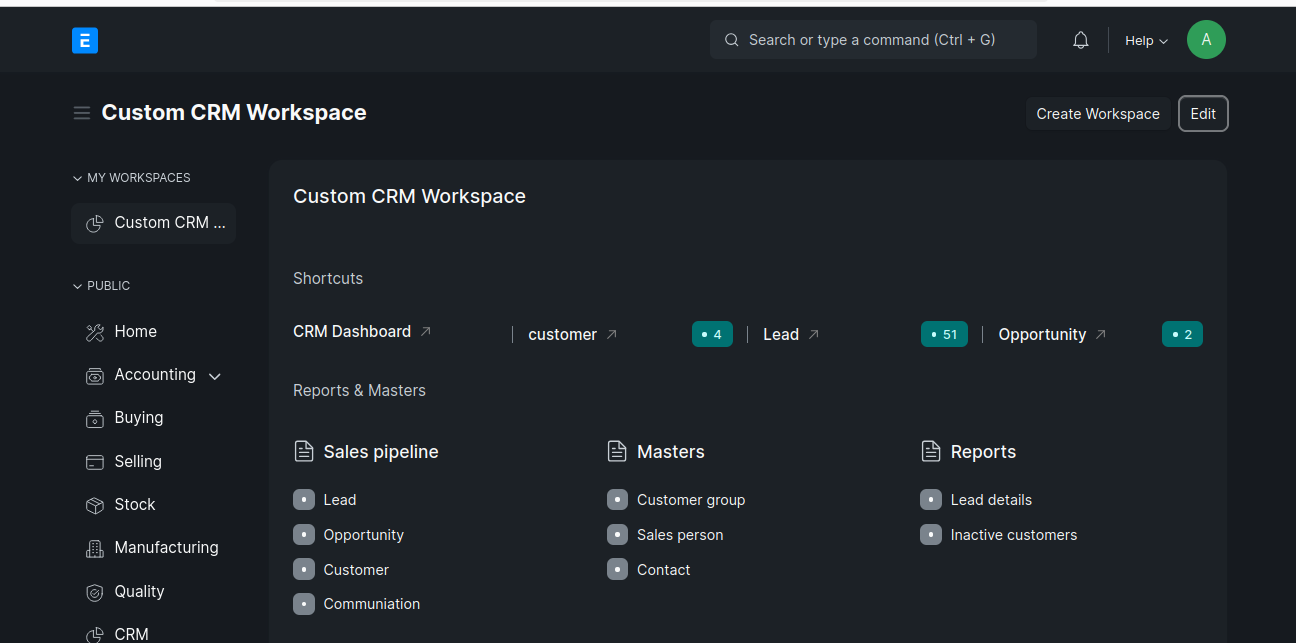 ERPNext CRM workspace with pipeline, leads, and opportunities