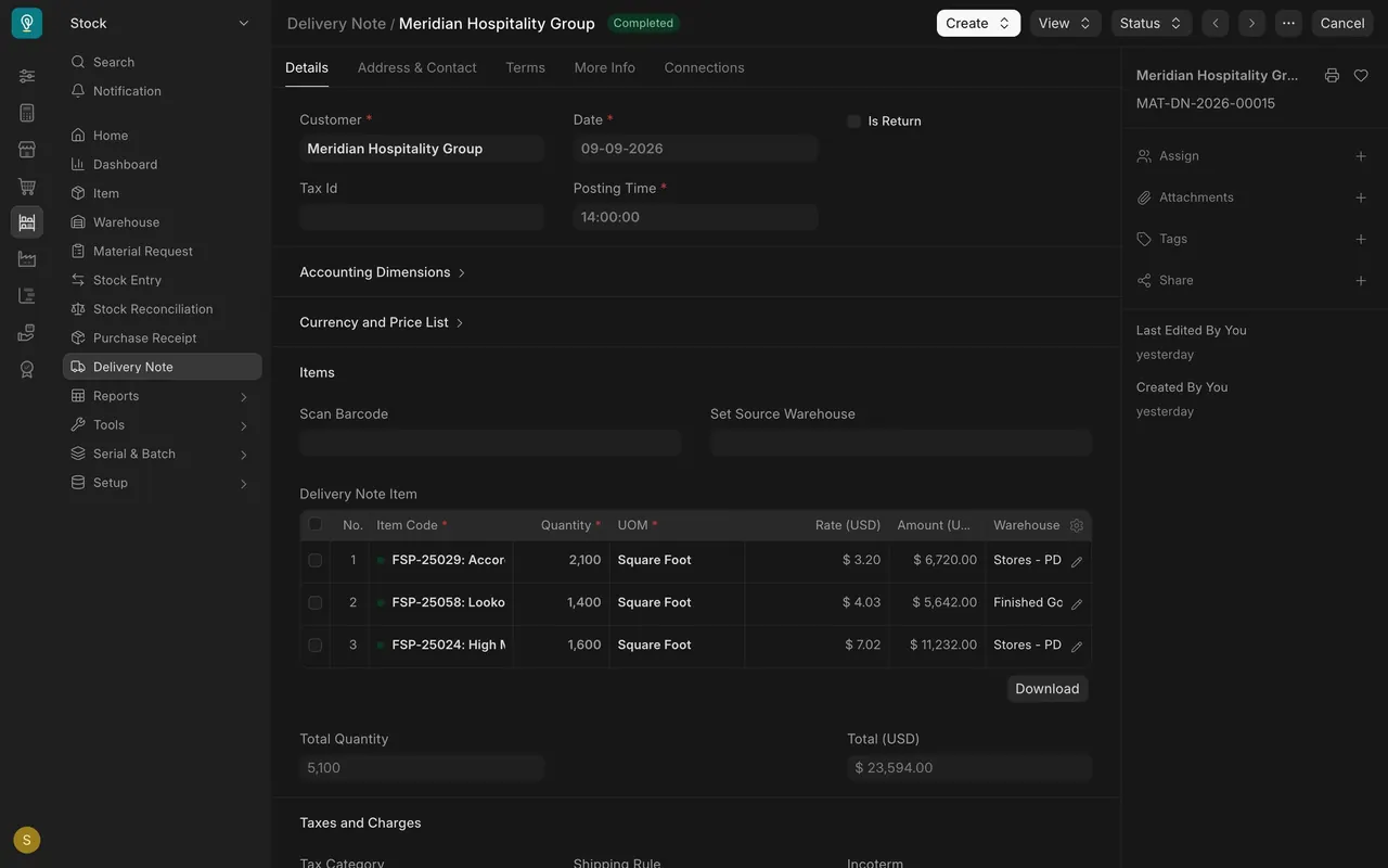 A completed delivery note with the Create button