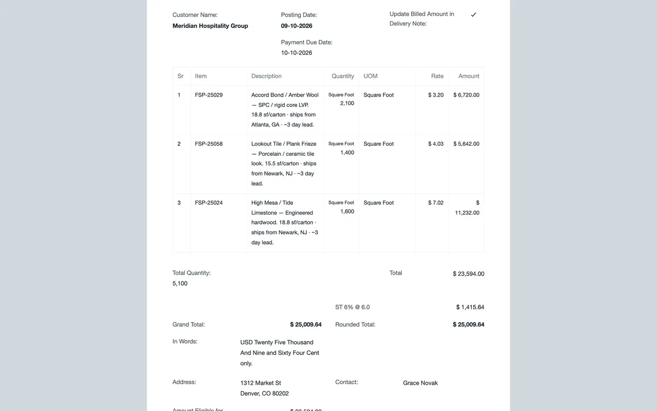 The printed invoice: tax line, Grand Total, Rounded Total and In Words