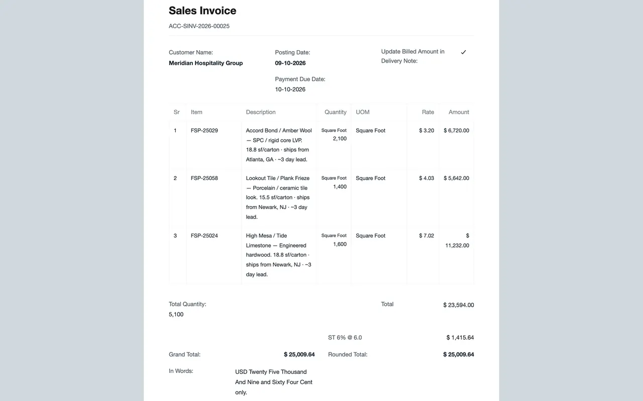 The print view of the sales invoice, as the customer receives it