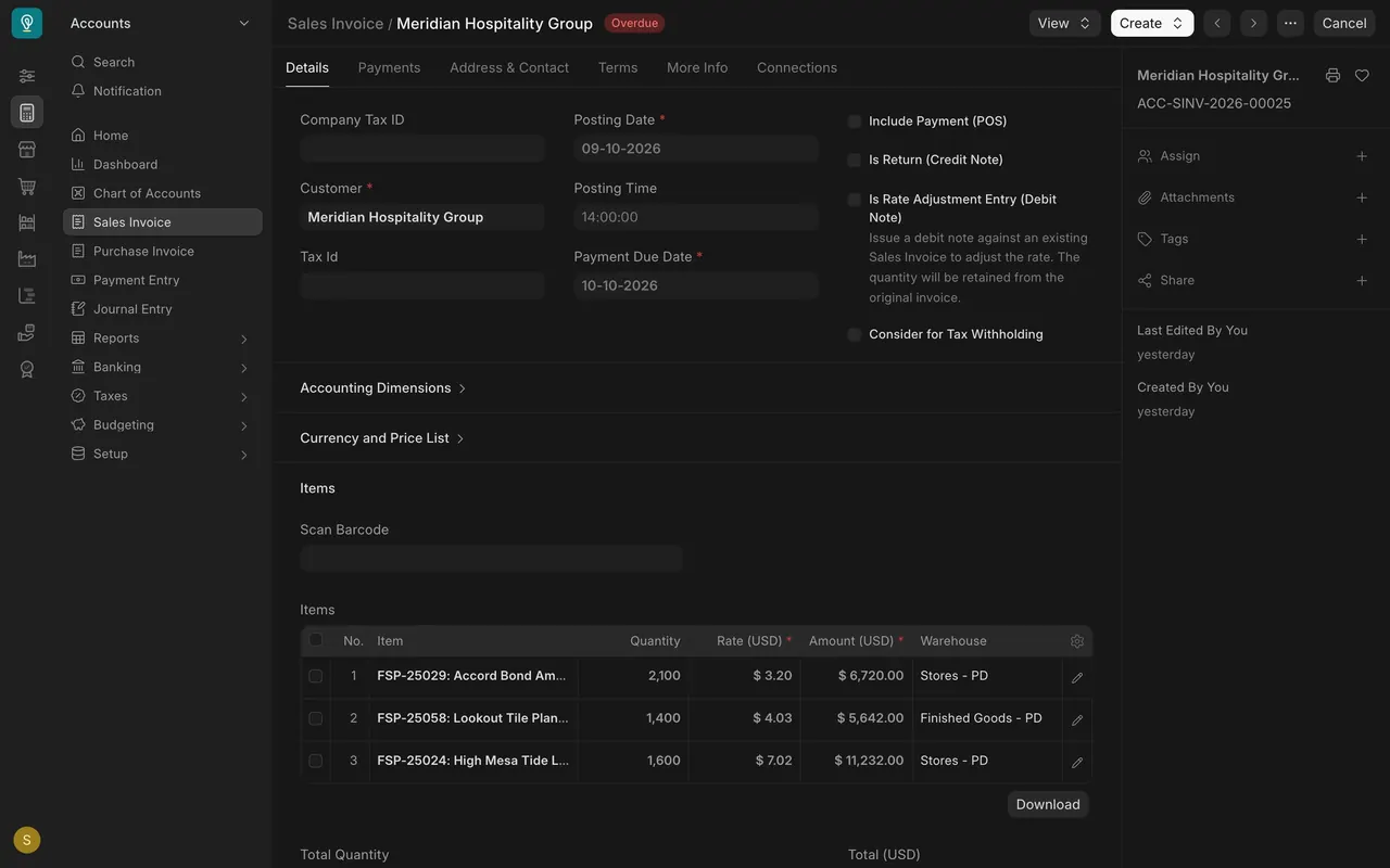 The submitted invoice: Posting Date, Payment Due Date and the Items table