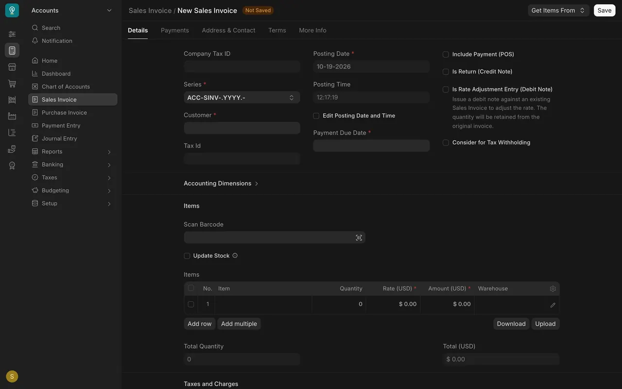 A new sales invoice with Get Items From and Save