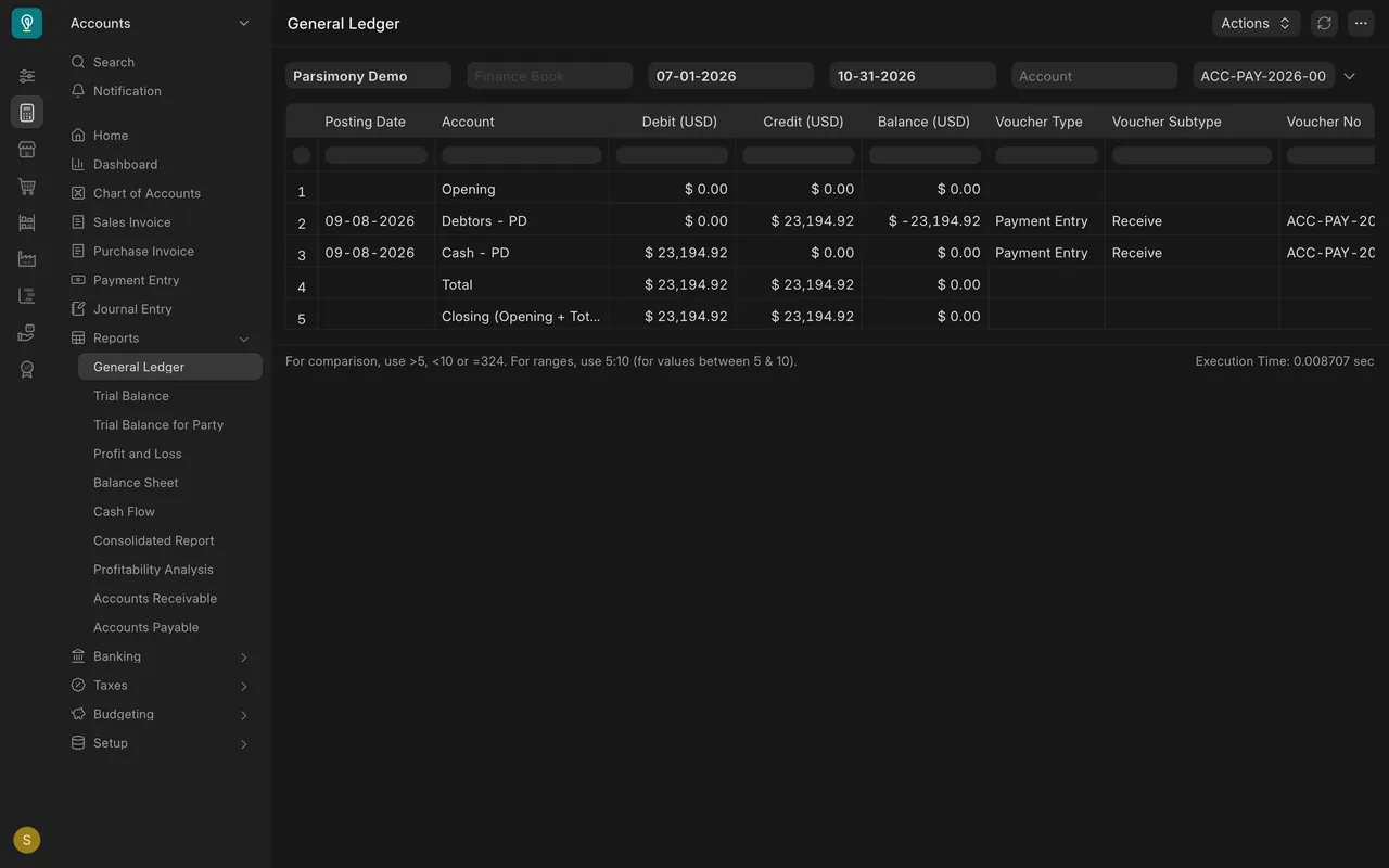 General Ledger for the receipt: Cash up, Debtors down
