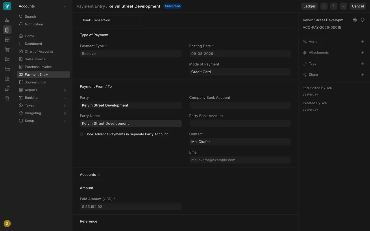 A submitted receipt: Posting Date, Mode of Payment and Paid Amount