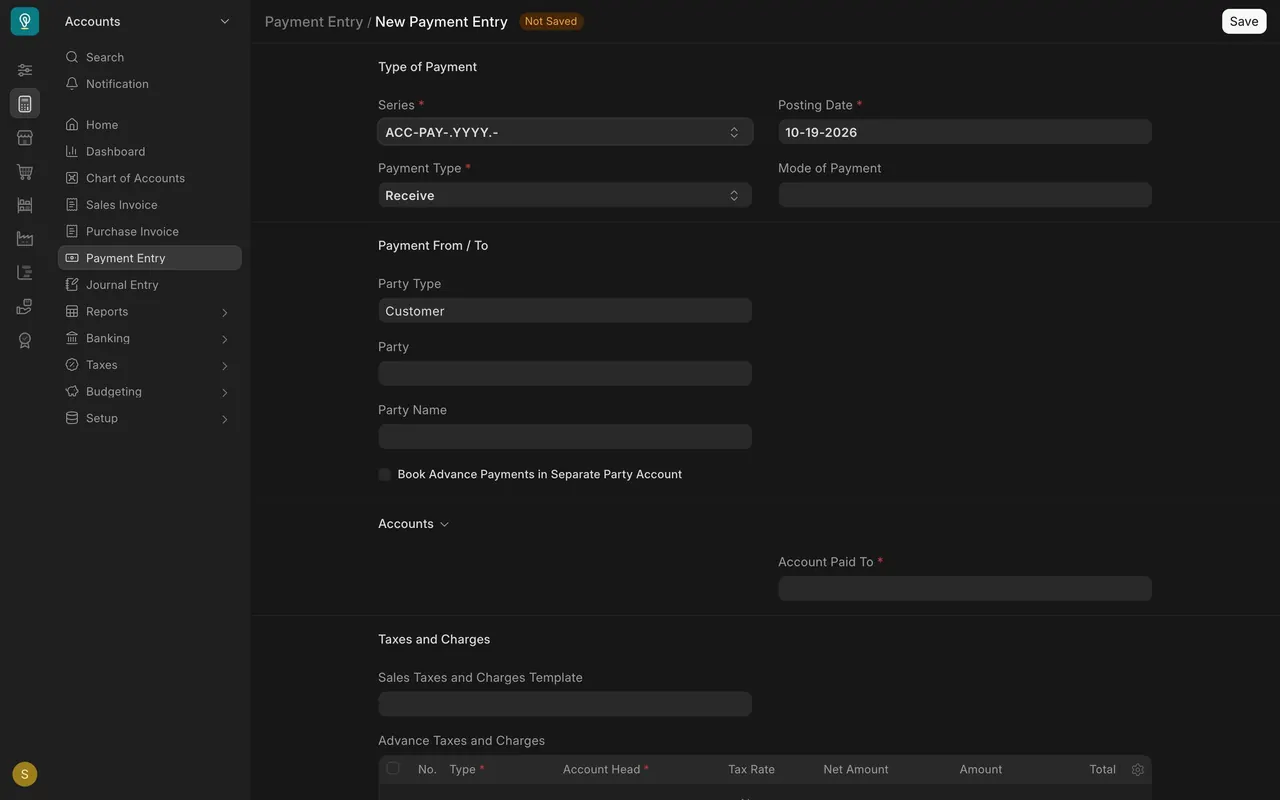 A new Payment Entry with Payment Type, Party Type and Account Paid To