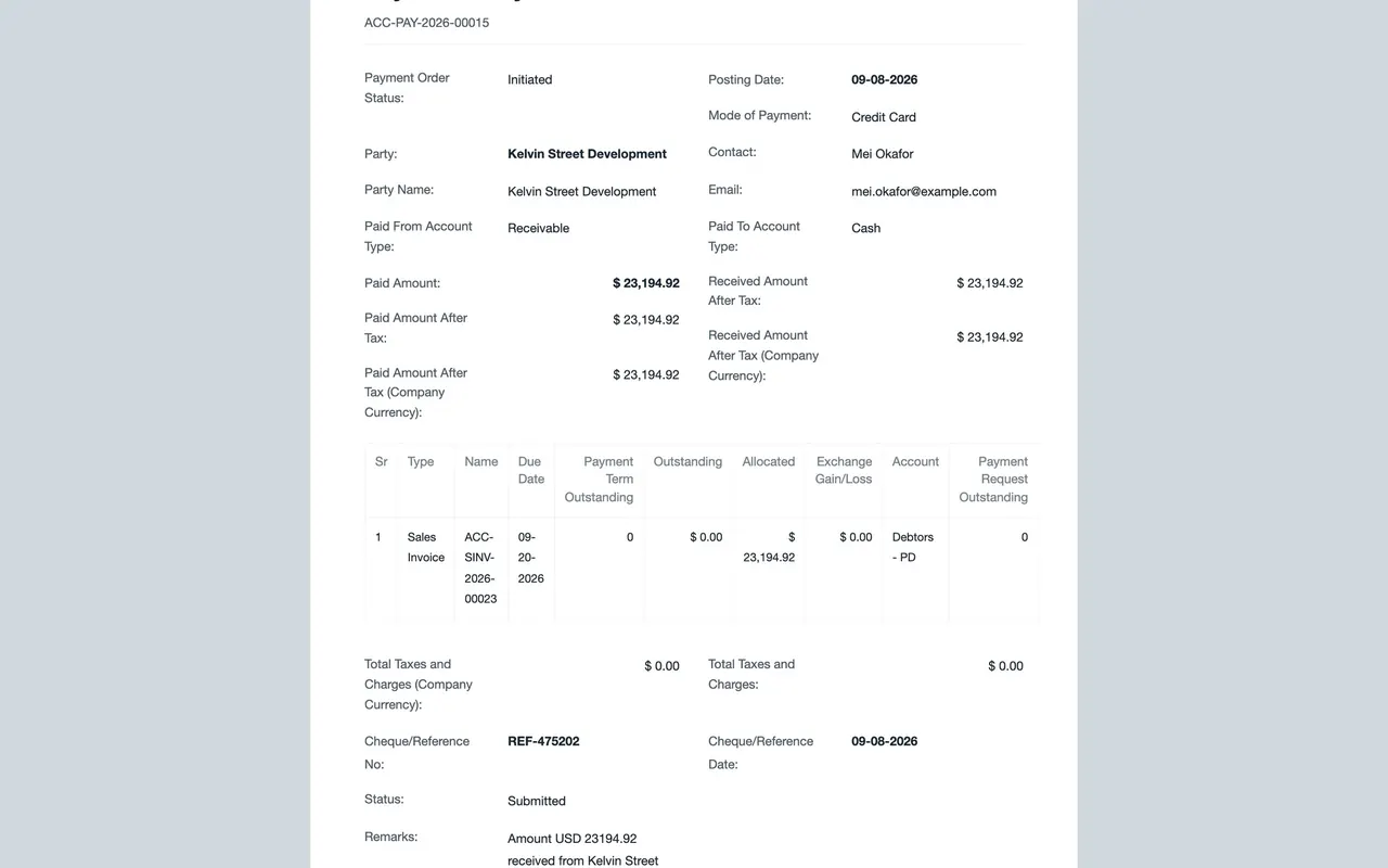 The printed payment: the references row shows Outstanding $0.00 and Allocated $23,194.92