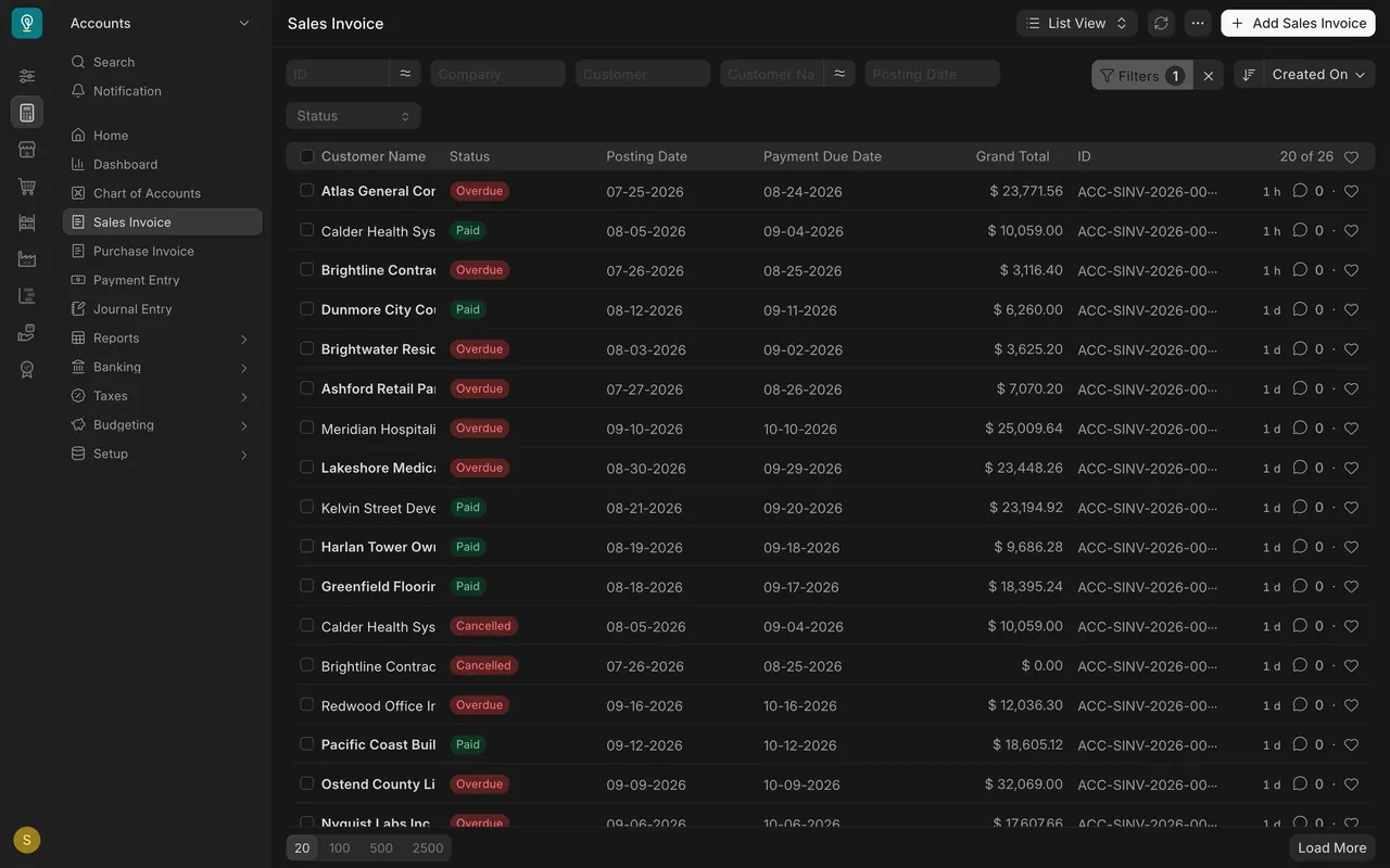 The Sales Invoice list: the paid invoice now shows Paid
