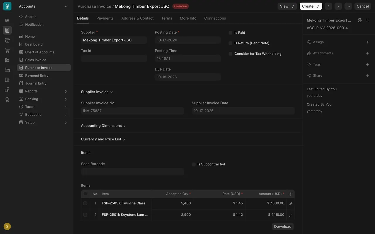 The purchase invoice: Supplier Invoice No and the Accepted Qty column
