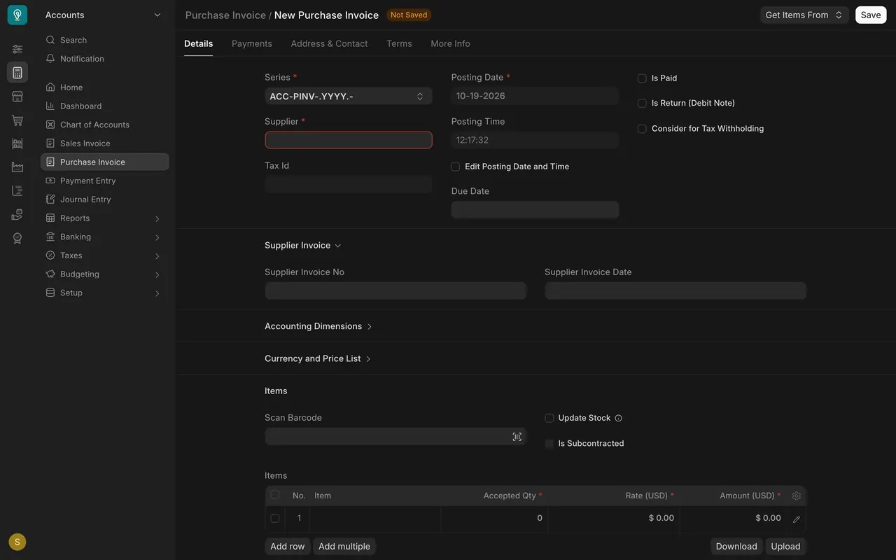 A new purchase invoice: Get Items From and the Supplier Invoice section