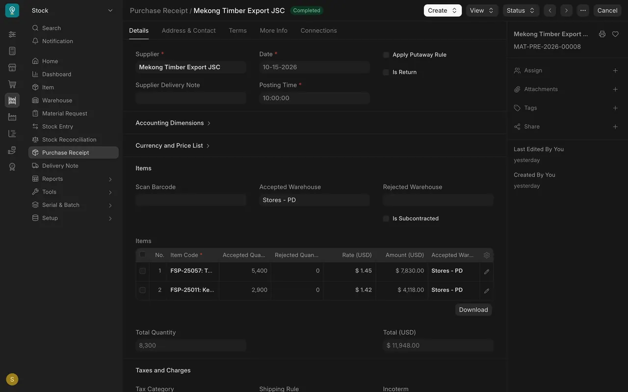 The matching receipt: same quantities, rates and total