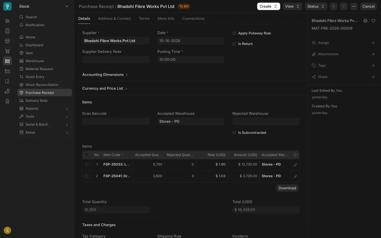 A received delivery waiting for its bill, with the Create button