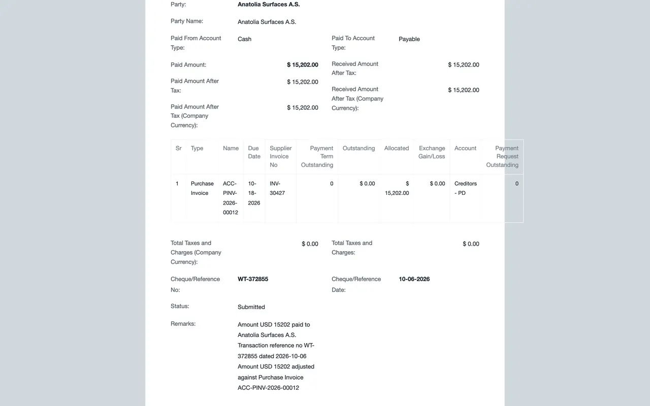 The printed supplier payment: the bill's Outstanding is $0.00 and $15,202.00 is Allocated