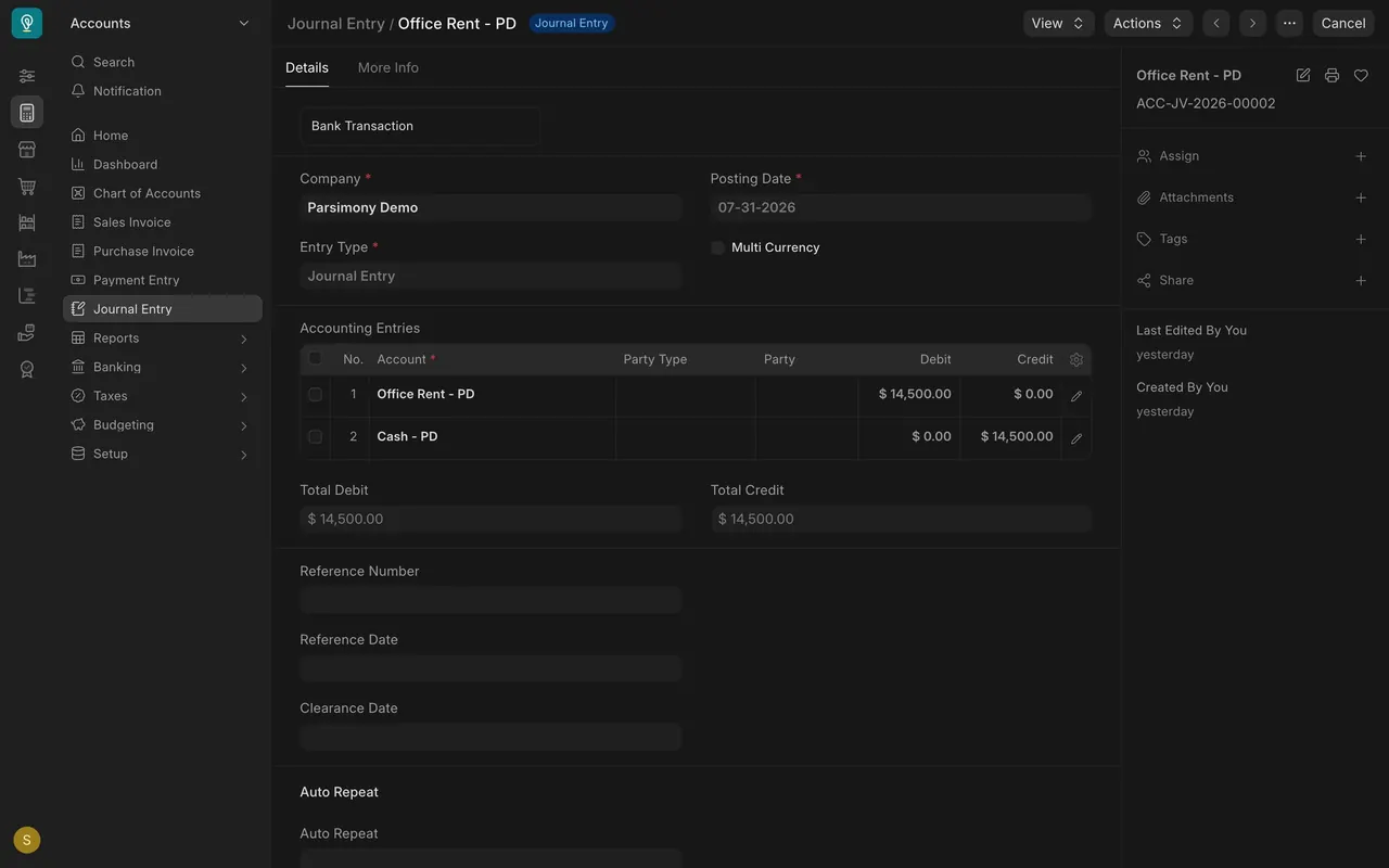 A rent entry: Office Rent debited, Cash credited, $14,500.00 each