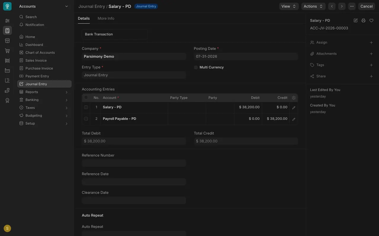 Payroll accrual: Salary debited, Payroll Payable credited