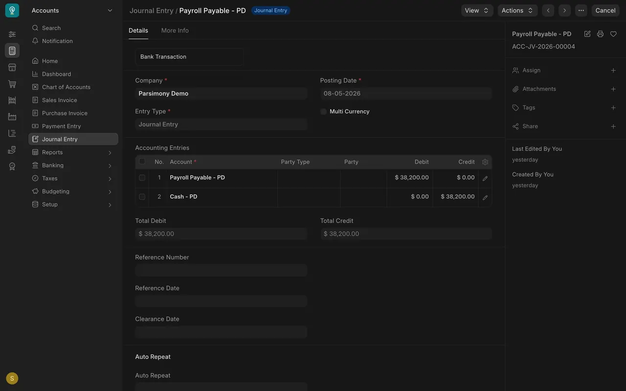 Payroll payment: Payroll Payable debited, Cash credited