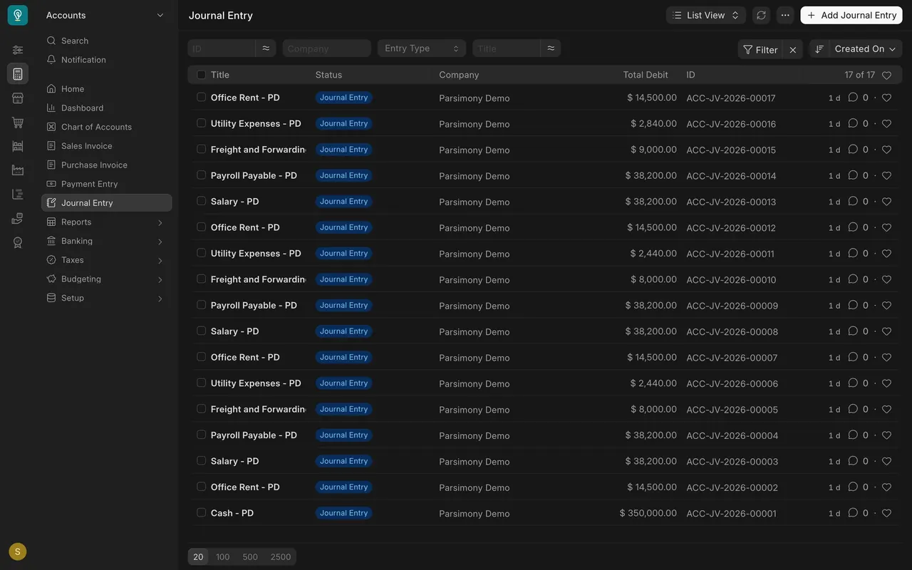 The Journal Entry list: rent, utilities, freight, payroll and salary entries
