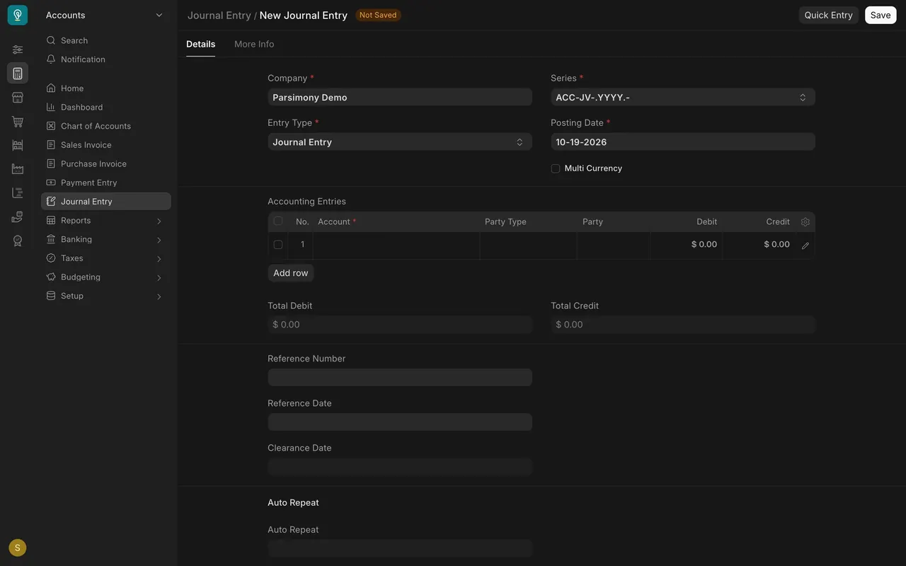 A new journal entry: Entry Type, Posting Date, Accounting Entries, Total Debit and Total Credit