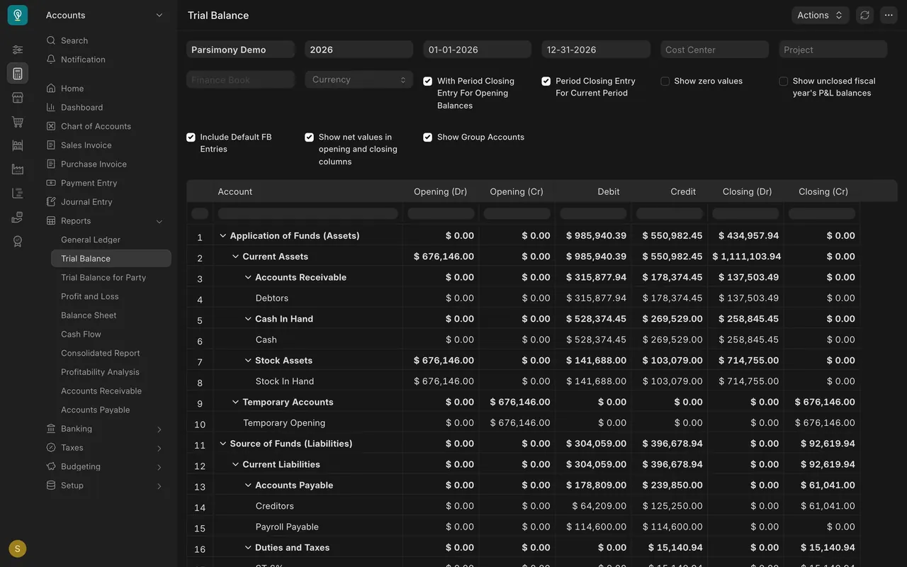 Trial Balance: Payroll Payable debits and credits match