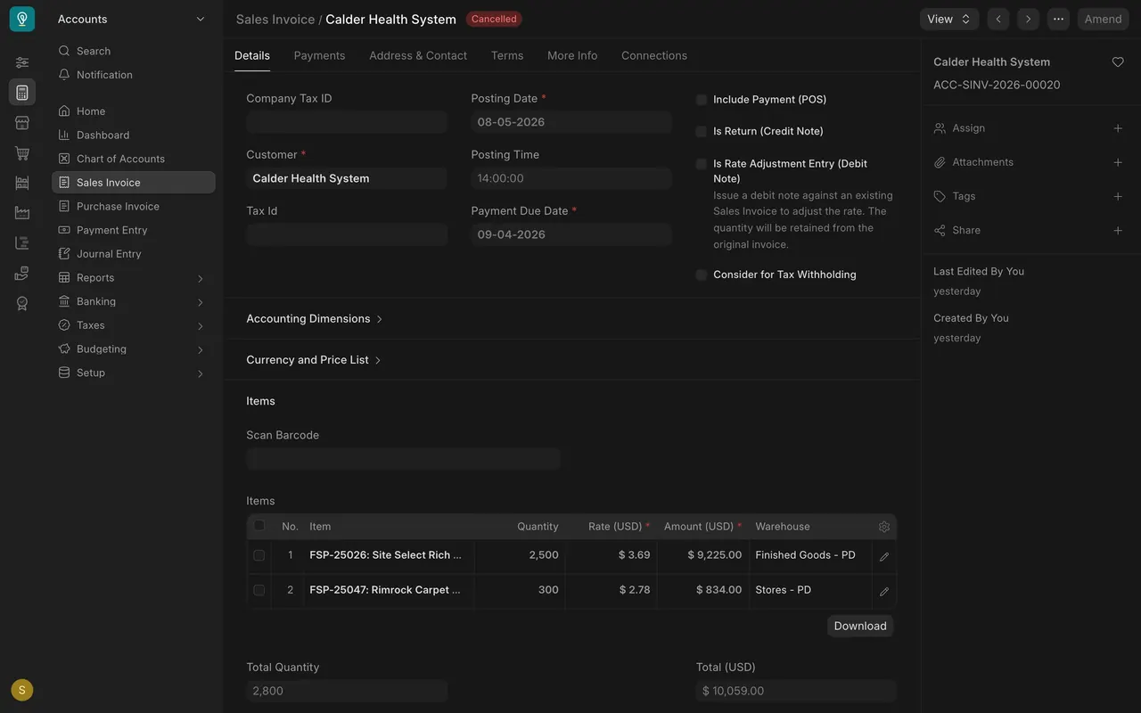 A cancelled invoice: Amend is greyed out because the corrected copy already exists