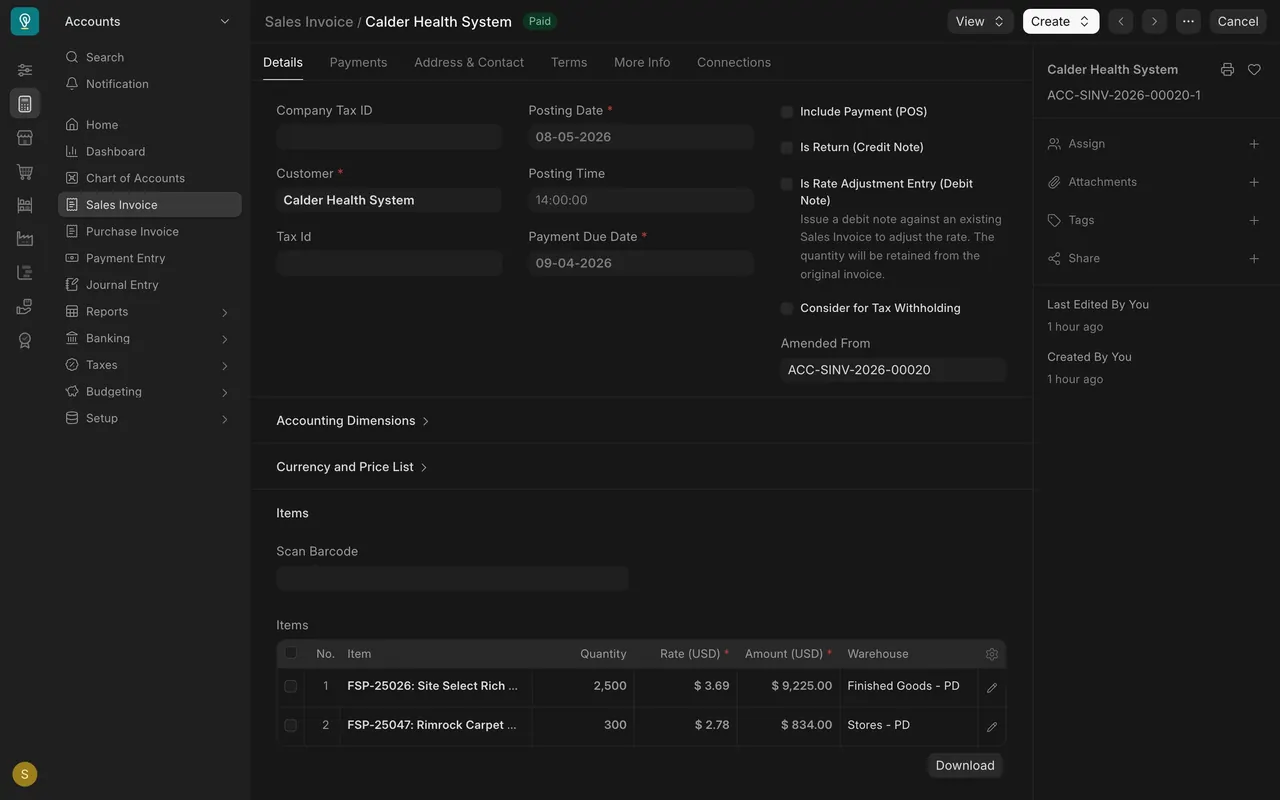 The amended invoice: Amended From points to the original