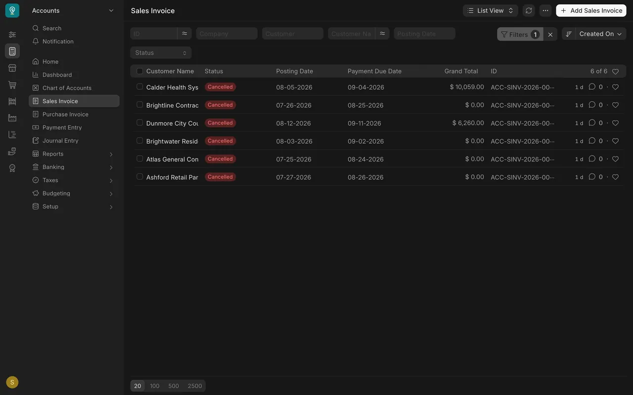 Sales Invoice list filtered to Cancelled: six invoices