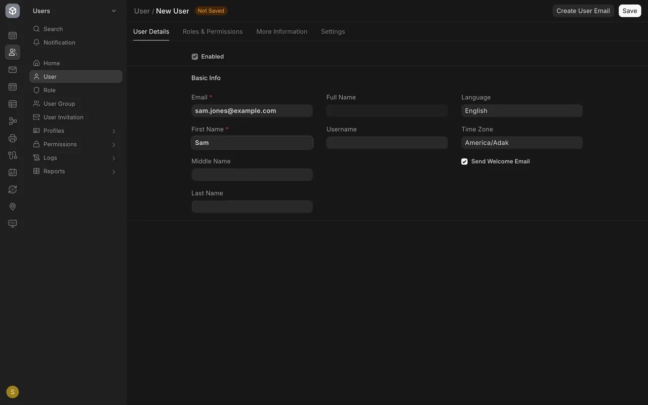 The Add User form with an example email and first name