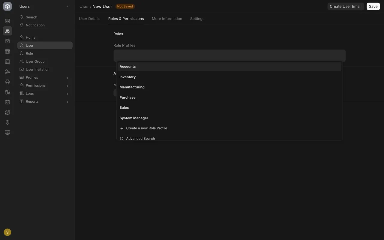 The Role Profiles list open