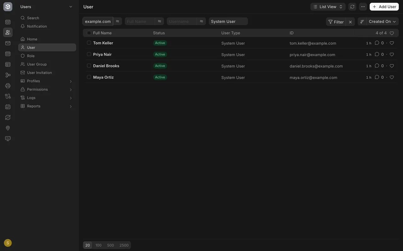 The user list, filtered to the four demo users