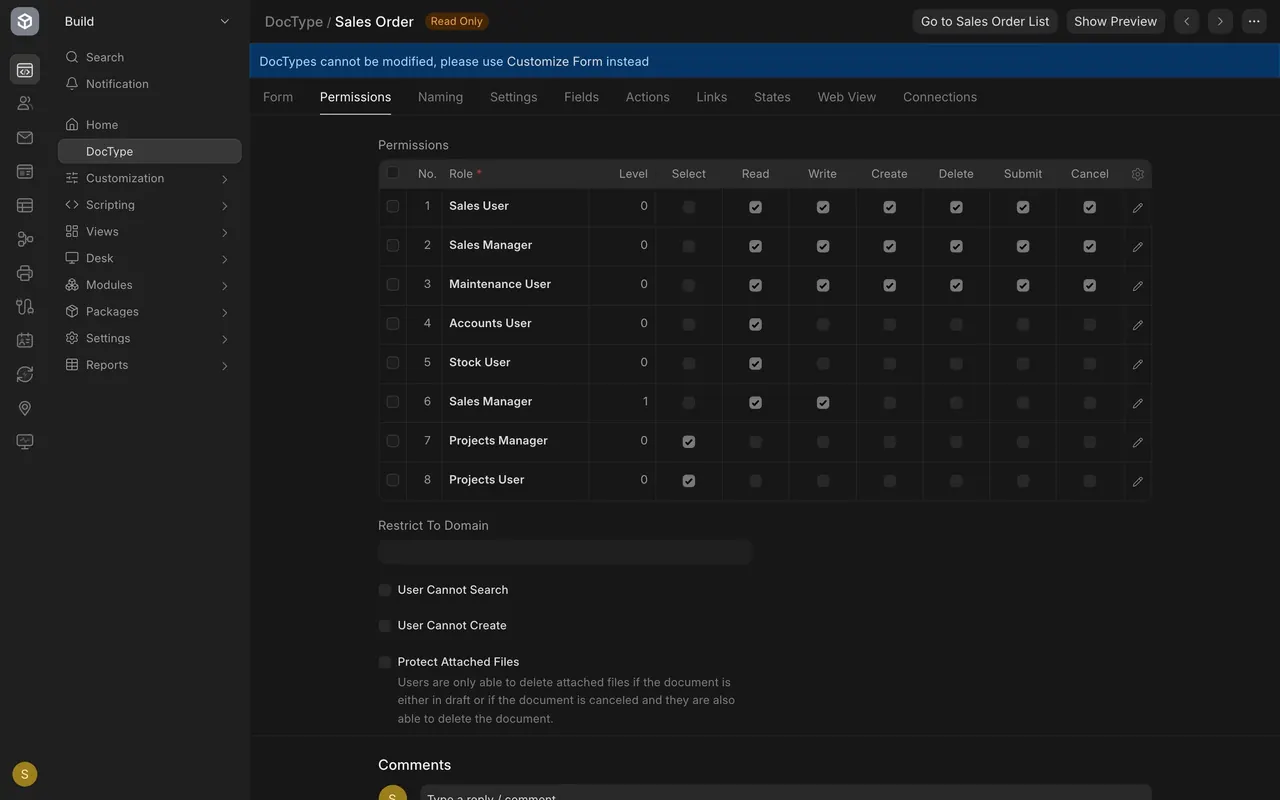 Rows of roles and rights for Sales Order