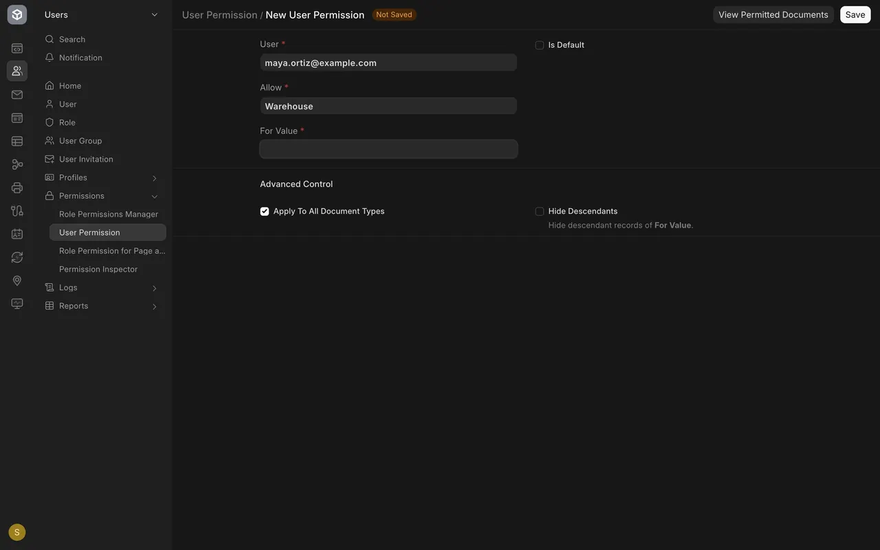 A new, unsaved User Permission form
