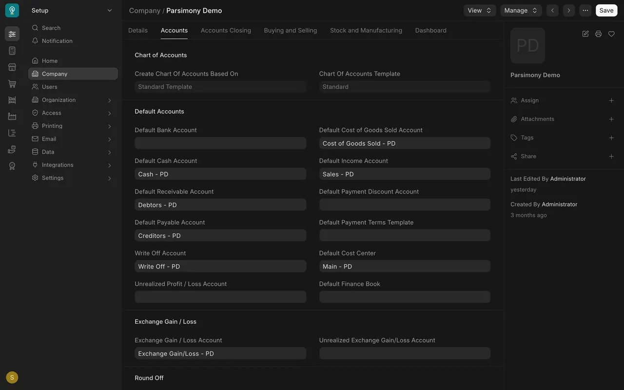 Accounts tab, Default Accounts