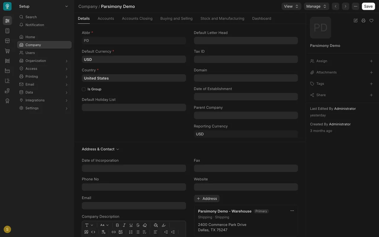 Address & Contact section with the company address