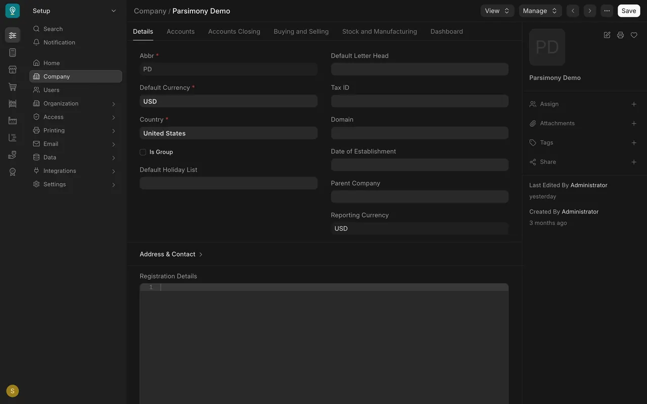 The company record, Details tab