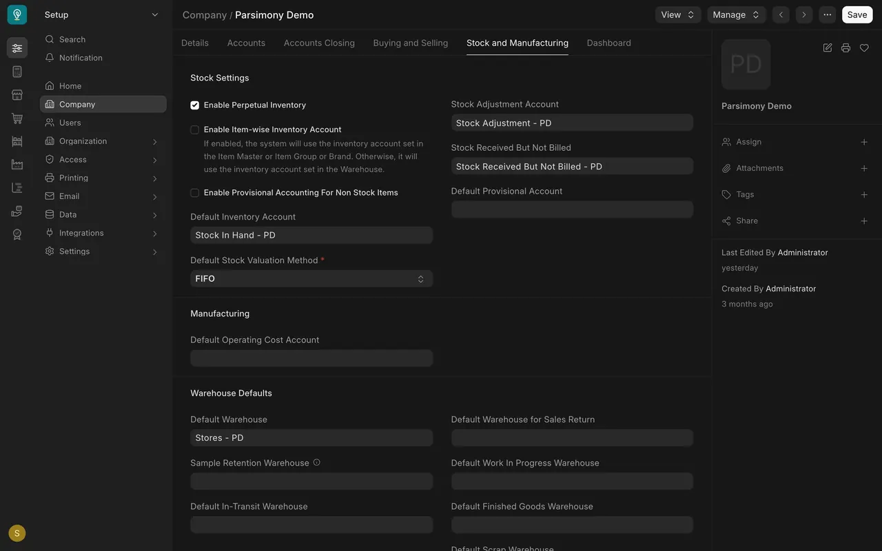 Stock and Manufacturing tab, Warehouse Defaults
