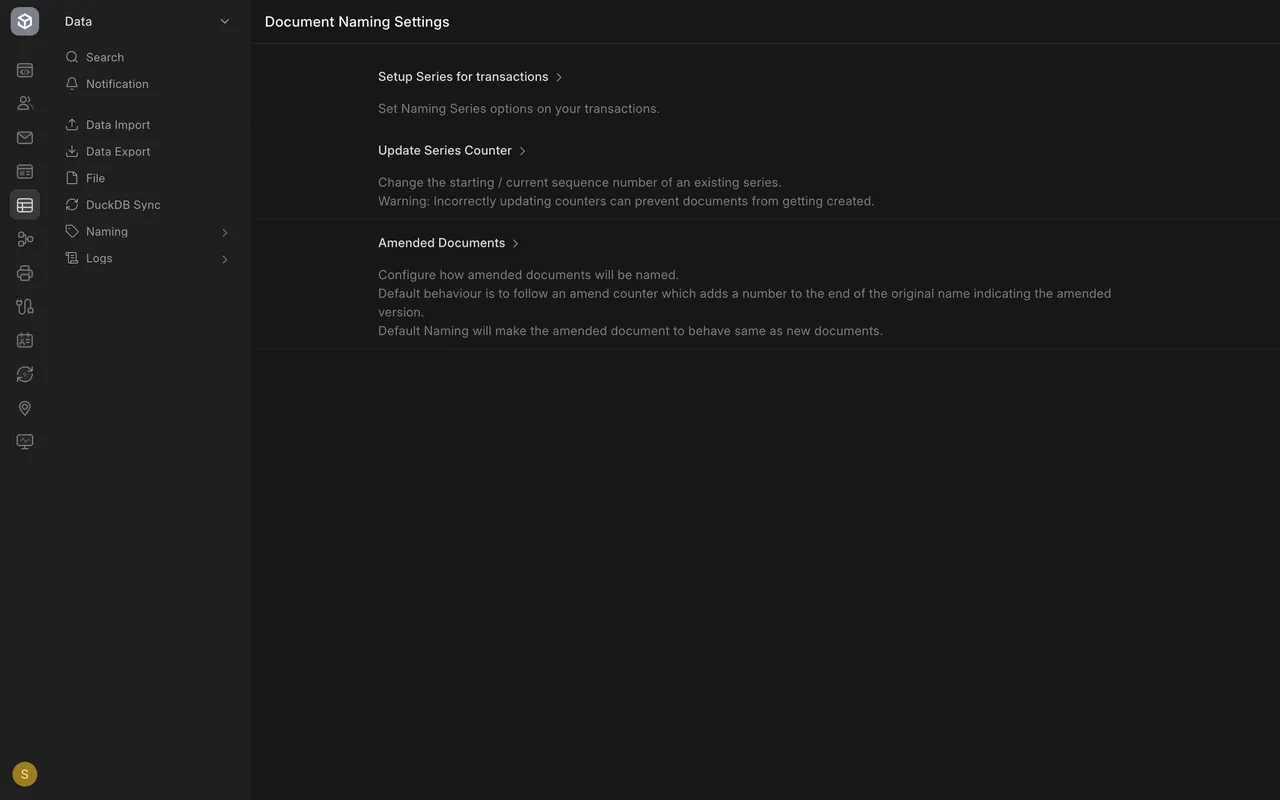 Document Naming Settings, with its three sections