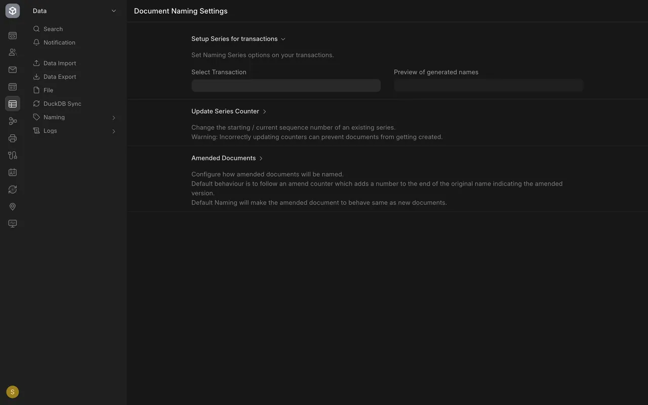 Setup Series for transactions, open