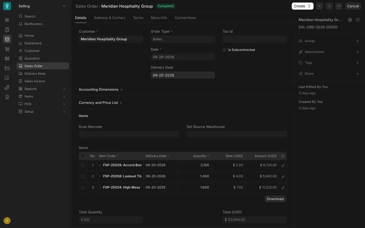 A sales order, with its number in the side panel