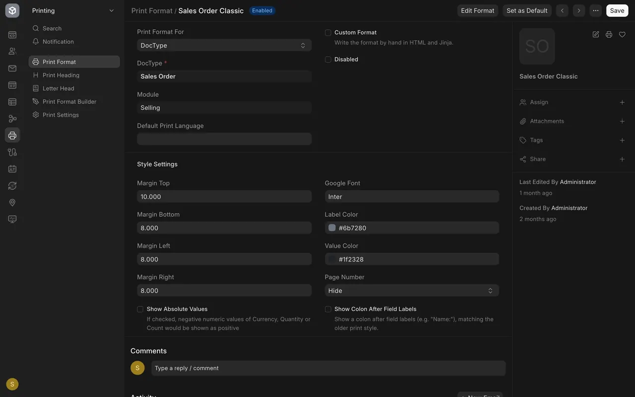 A print format with Edit Format and Set as Default at the top right