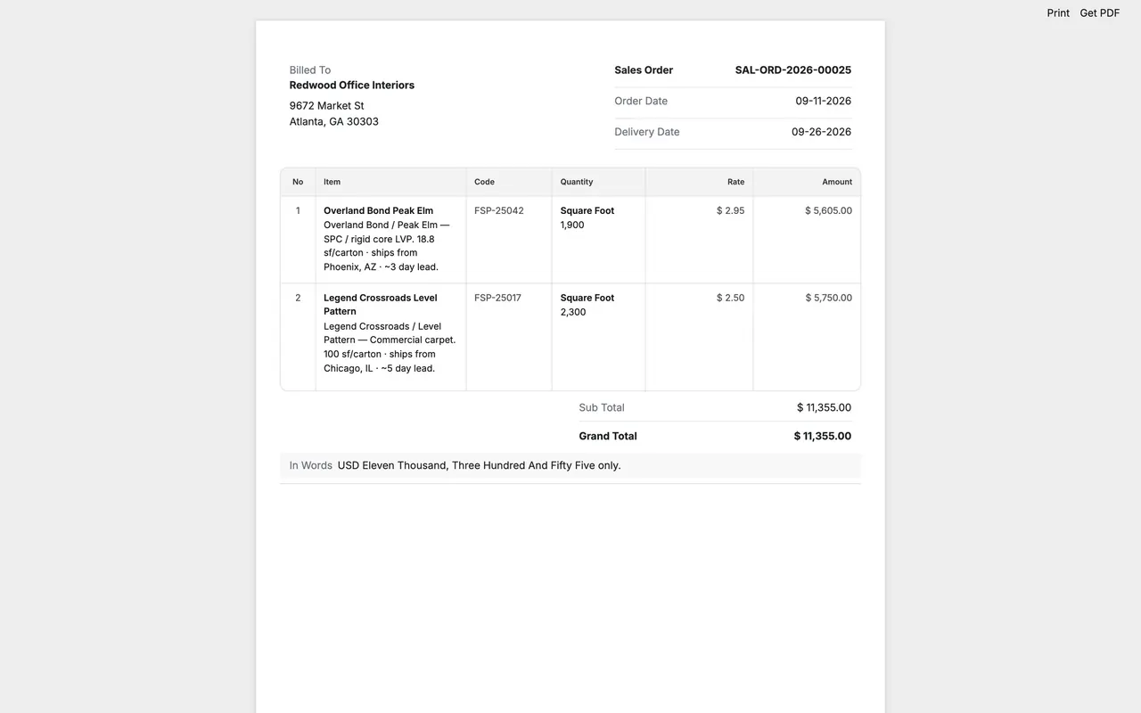 The same sales order printed in Classic, Modern and Bordered
