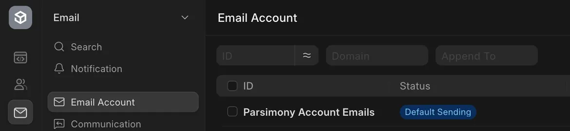 The Email Account list, showing only the name and status