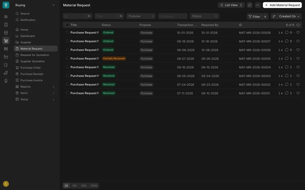 The Material Request list in the Buying workspace, with Ordered, Partially Received and Received requests
