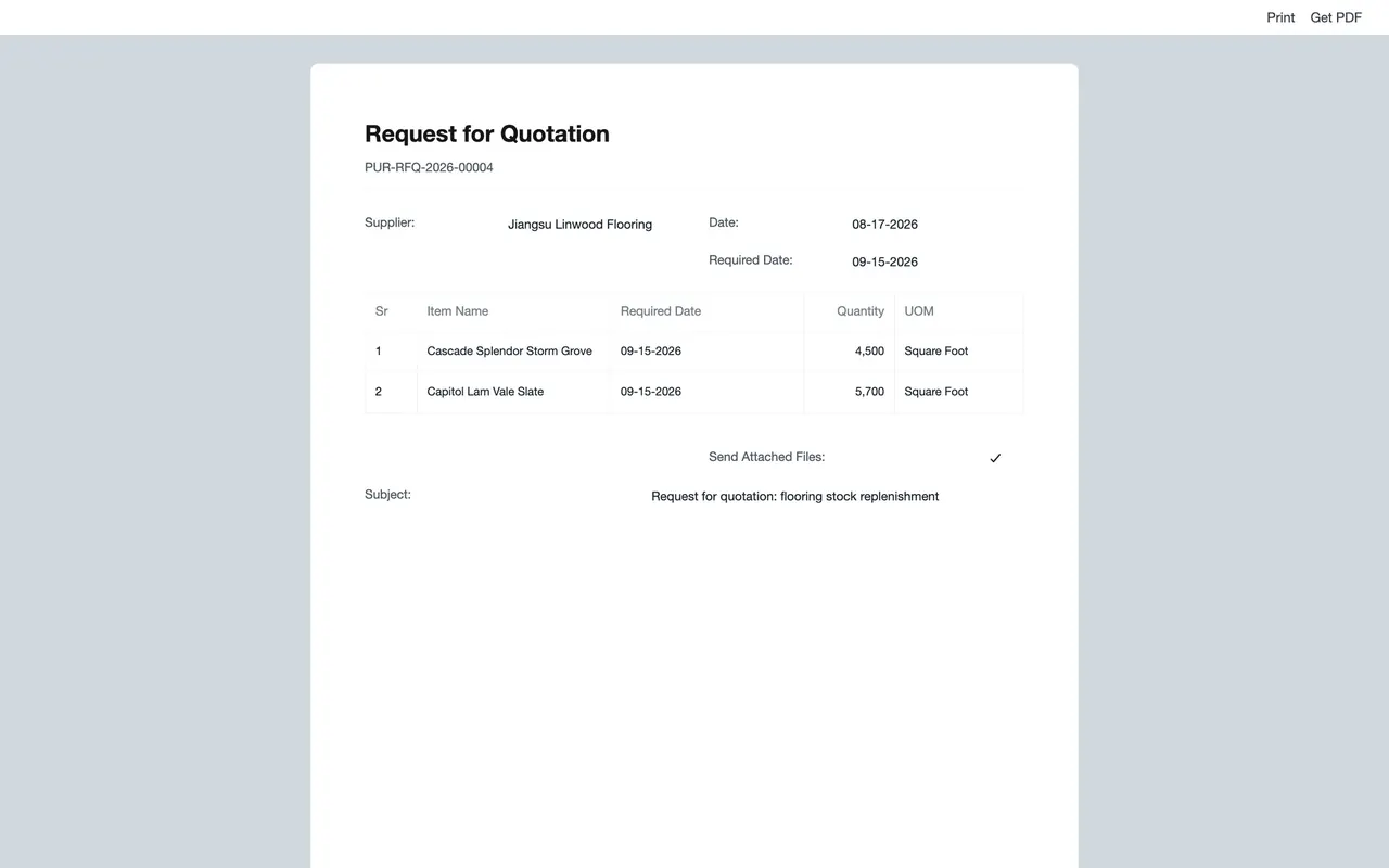 The print view of a Request for Quotation, addressed to one supplier, Jiangsu Linwood Flooring: each supplier needs its own copy