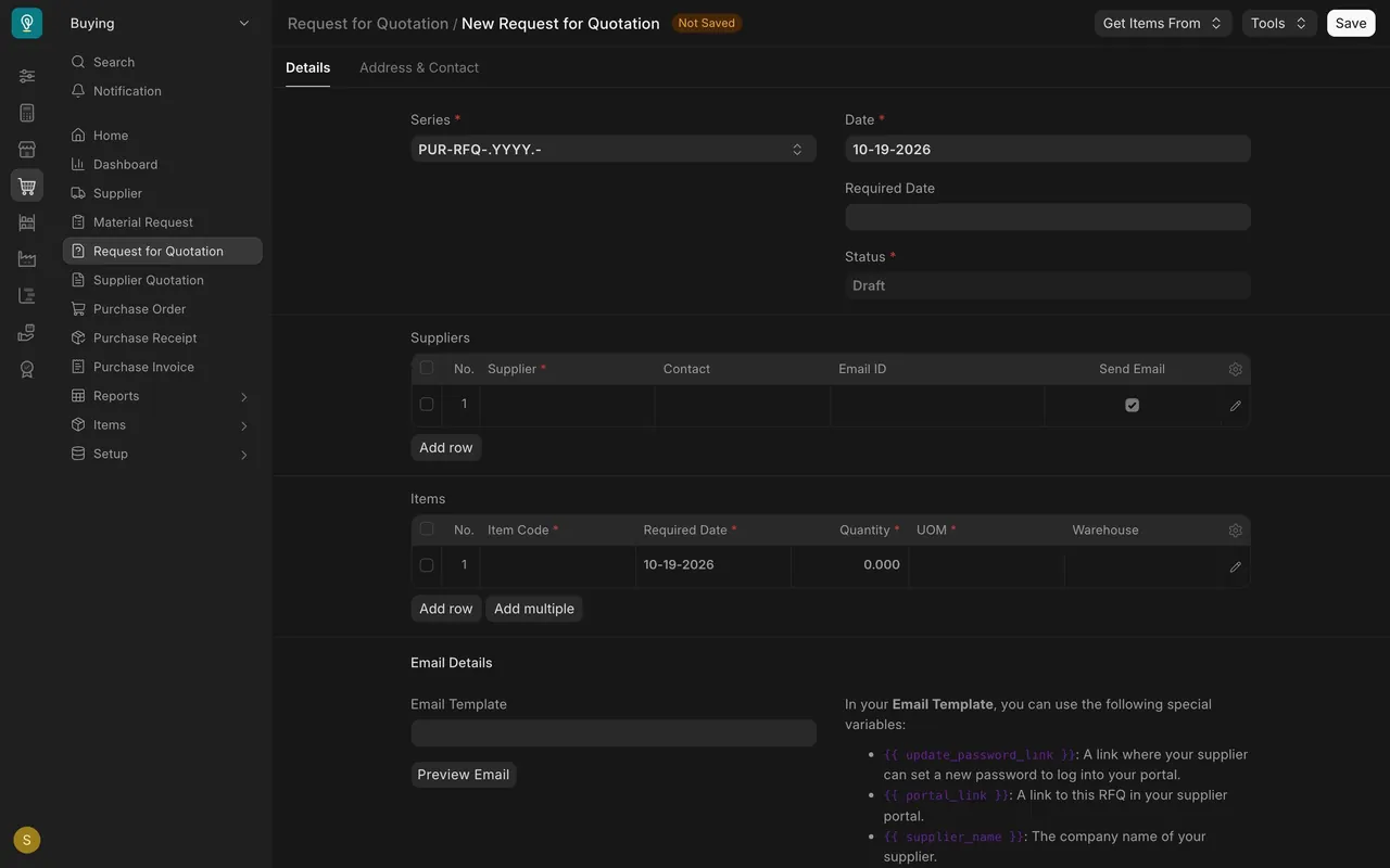 A new Request for Quotation: Get Items From at the top, the Suppliers table with its Send Email column, and the Items table