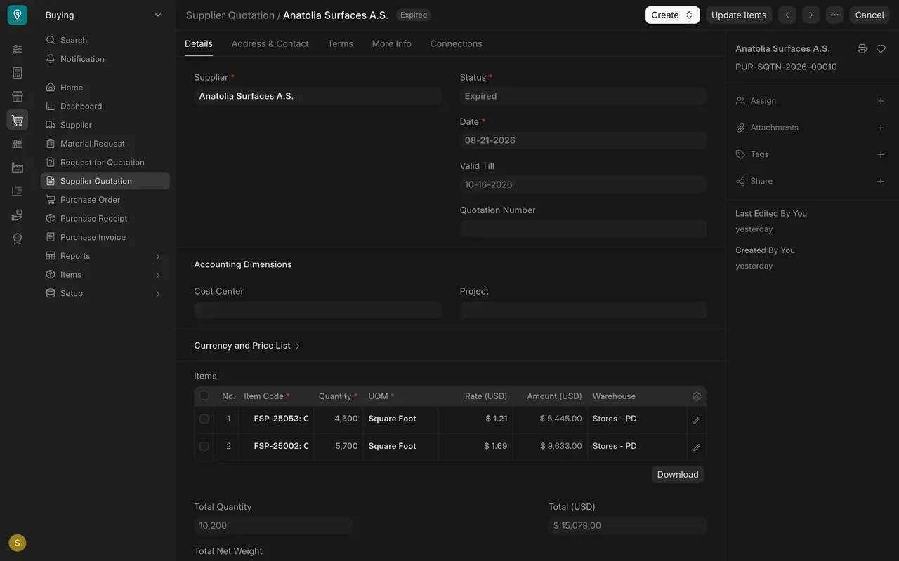 A submitted Supplier Quotation from Anatolia Surfaces A.S., status Expired, with rates of $1.21 and $1.69 per square foot