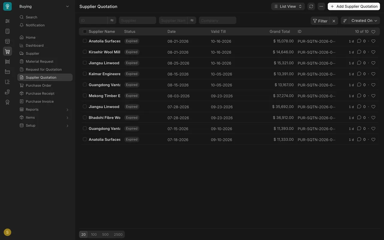 The Supplier Quotation list: every quote is Expired