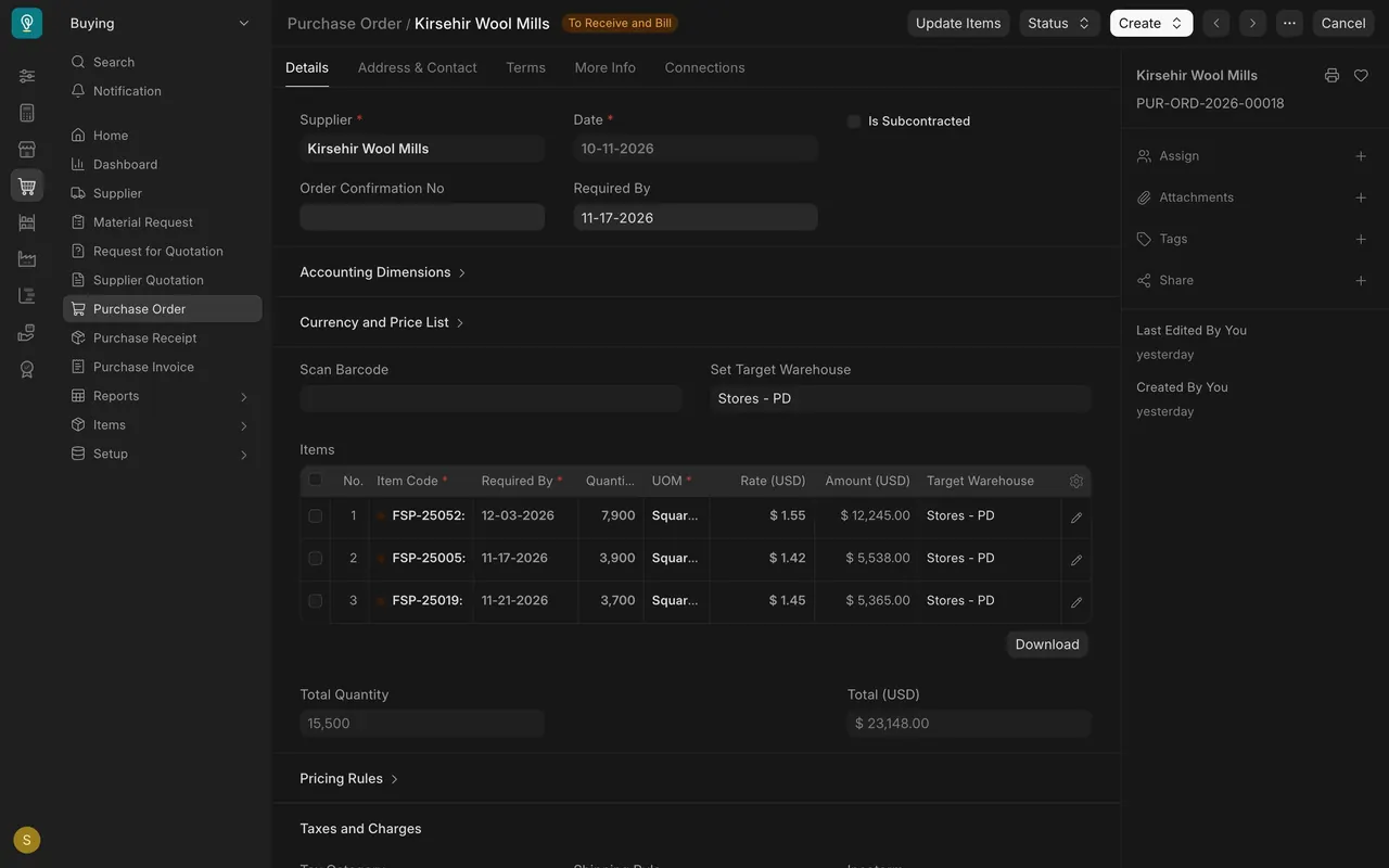 A submitted Purchase Order to Kirsehir Wool Mills, To Receive and Bill, with a different Required By date on each row